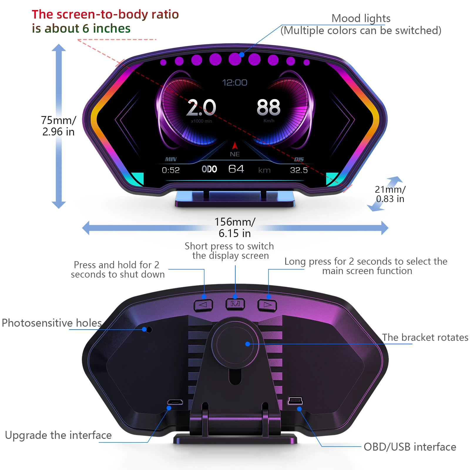 새로운 유니버설 스마트 게이지 6인치 디스플레이 OBD - Smart Accessories 리뷰 및 가격